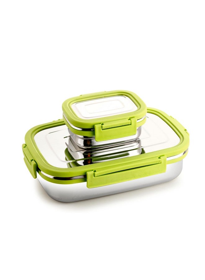 GANESH Craze Stainless Steel Tiffin Lunch Box Container/Dabba with 4 Side Clip Lock Lid for Office & School Use/Food Grade/Air Tight/Easy to Carry/Leak Proof(900ml 1pc + 200ml 1 Pc) Green - Image 1