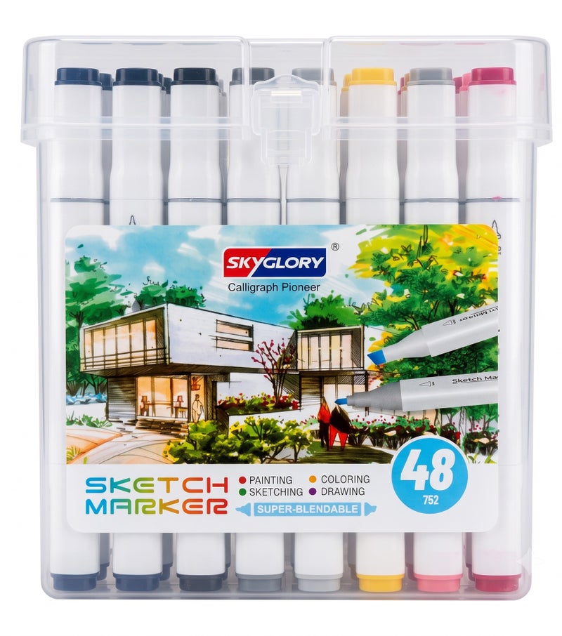 Sky Glory SKYGLORY Calligraph Pioneer Dual Tip Sketch Marker Set With Clear Storage Case Multicolour 48Pieces HA-845 - Image 1