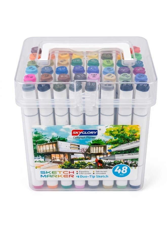 Sky Glory SKYGLORY Calligraph Pioneer Dual Tip Sketch Marker Set With Clear Storage Case Multicolour 48Pieces HA-845 - Image 2