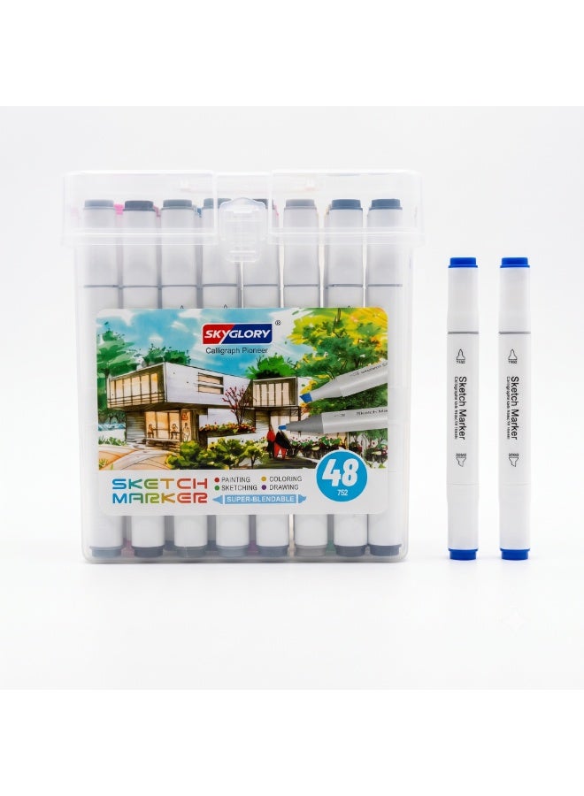 Sky Glory SKYGLORY Calligraph Pioneer Dual Tip Sketch Marker Set With Clear Storage Case Multicolour 48Pieces HA-845 - Image 3