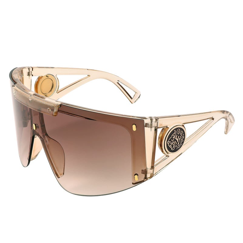 FEISEDY FEISEDY Sunglasses for Women, One Piece Oversized Sunglasses for Men and Women, Wrap Shield Sunglasses for Cycling, Driving, Vacation (B4027, Champagne Frame & Gradual Tea Lens)  - Image 1