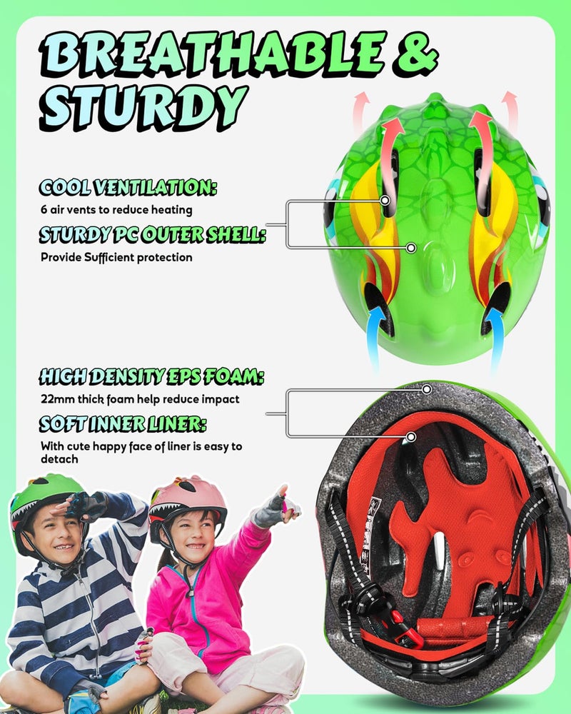 VICTGOAL Toddler Kids Bike Helmet Lightweight 3D Children Bicycle Helmet for Boys and Girls Age 3-8 for Multi-Sport Scooter Cycling Skating (Green-Set) - Image 3