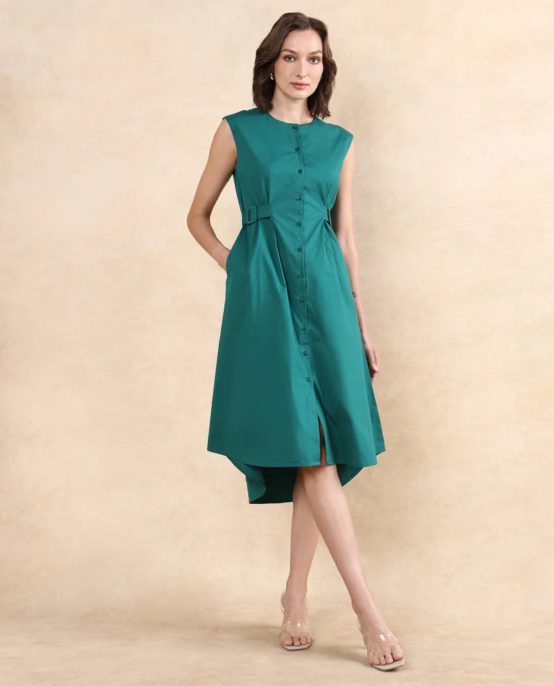 Rareism Women's Button Down Dress With Buckle Detail At Sides