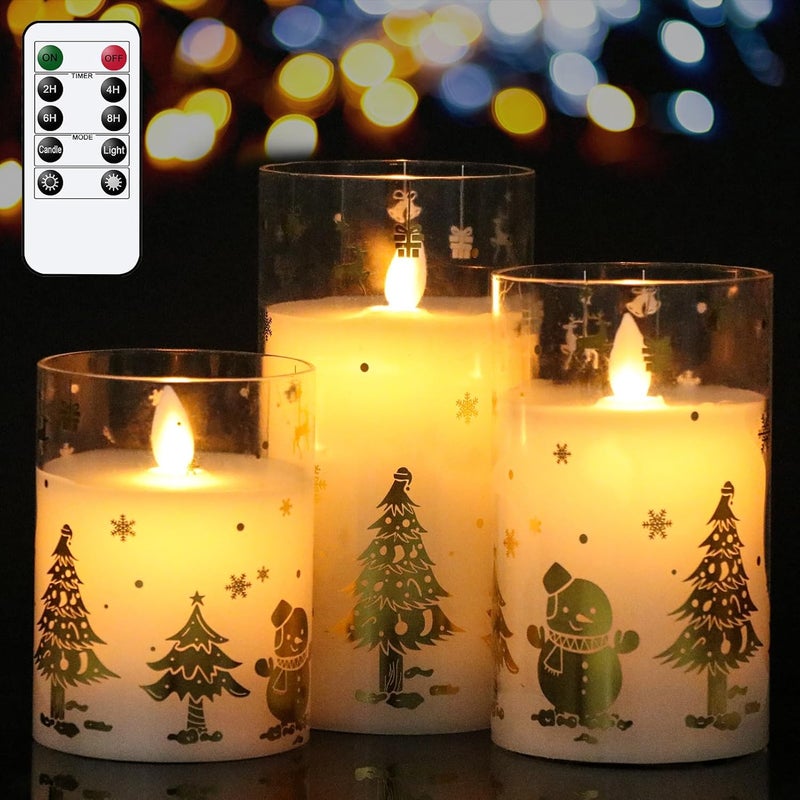 DRomance Christmas Battery Operated Flameless Candles Flickering Remote and Timer Glass LED Pillar Candles Moving Wick Real Wax Gold Snowman Christmas Tree Decals Holiday Decor D3 x H4, 5", 6" - Image 1