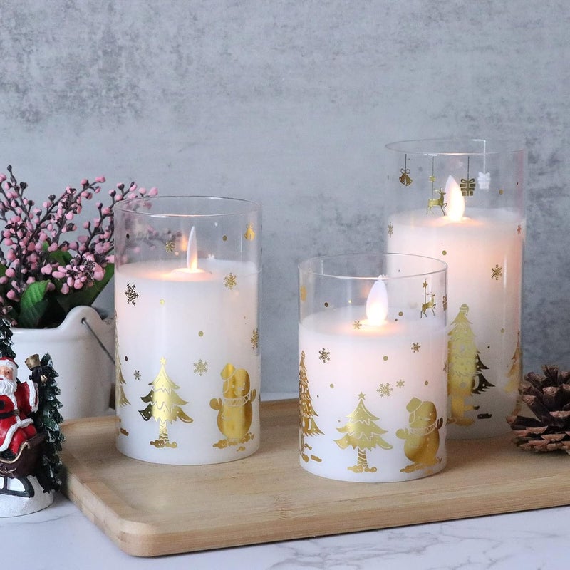 DRomance Christmas Battery Operated Flameless Candles Flickering Remote and Timer Glass LED Pillar Candles Moving Wick Real Wax Gold Snowman Christmas Tree Decals Holiday Decor D3 x H4, 5", 6" - Image 3
