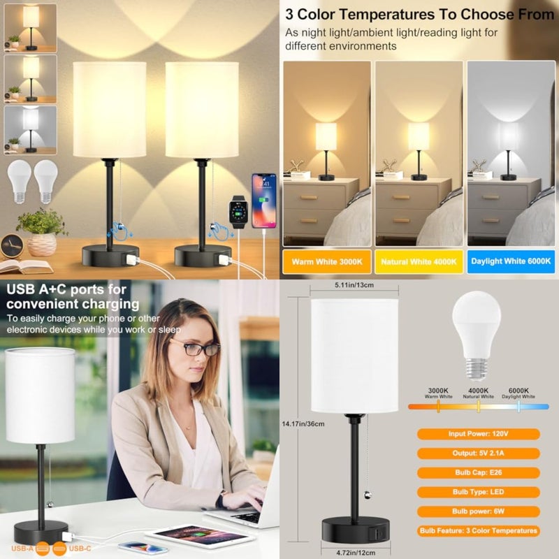 Table lamp for Bedroom, 3 Color Temperatures Bedside Lamps with USB C and A Ports, Pull Chain Table Lamps, Nightstand Lamps with Black Metal Base for Reading - Image 1