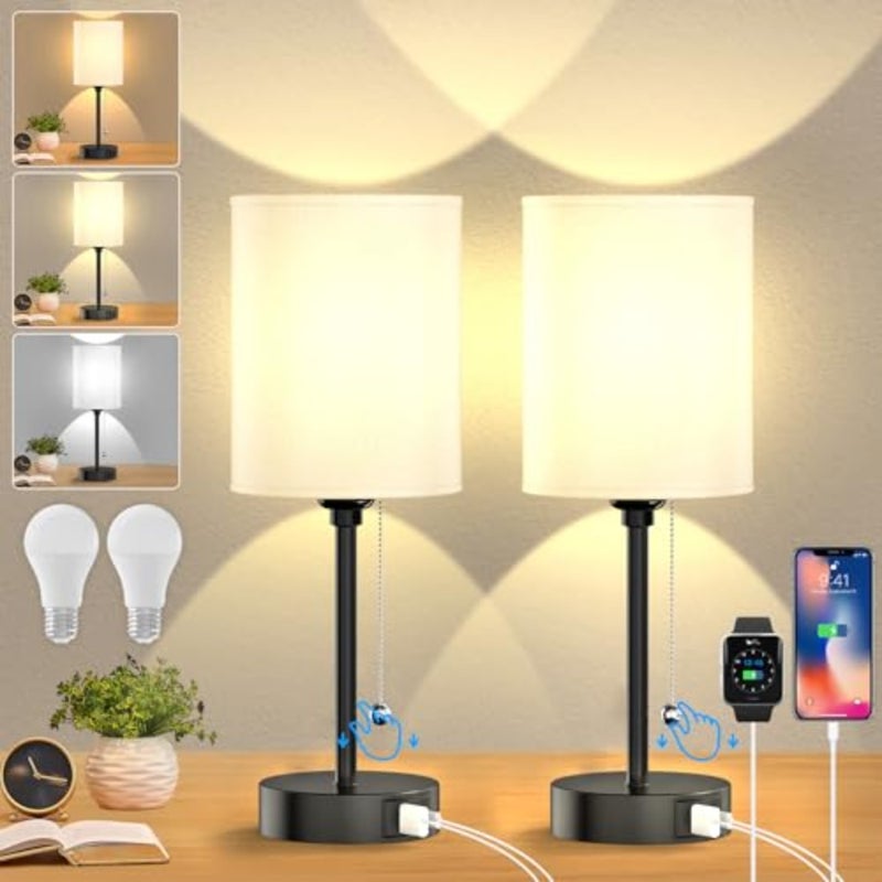 Table lamp for Bedroom, 3 Color Temperatures Bedside Lamps with USB C and A Ports, Pull Chain Table Lamps, Nightstand Lamps with Black Metal Base for Reading - Image 2