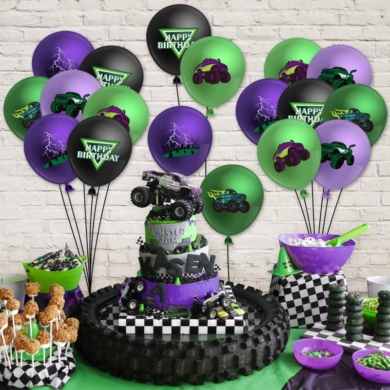 Haooryx Monster Truck Birthday Balloon - 50Pcs Green Purple Monster Truck Lightning Print Latex Balloon Kit for Kid Boy Baby Shower Happy Birthday Themed Party Decoration Photo Prop Backdrop Supply - Image 4