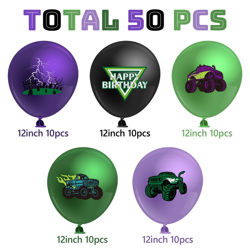 Haooryx Monster Truck Birthday Balloon - 50Pcs Green Purple Monster Truck Lightning Print Latex Balloon Kit for Kid Boy Baby Shower Happy Birthday Themed Party Decoration Photo Prop Backdrop Supply - Image 2