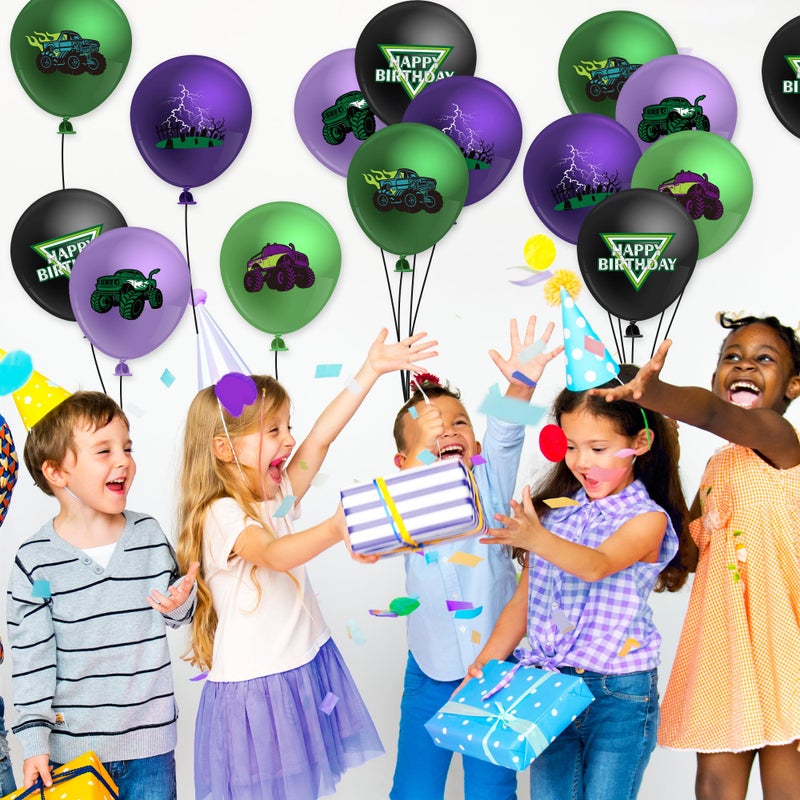 Haooryx Monster Truck Birthday Balloon - 50Pcs Green Purple Monster Truck Lightning Print Latex Balloon Kit for Kid Boy Baby Shower Happy Birthday Themed Party Decoration Photo Prop Backdrop Supply - Image 5