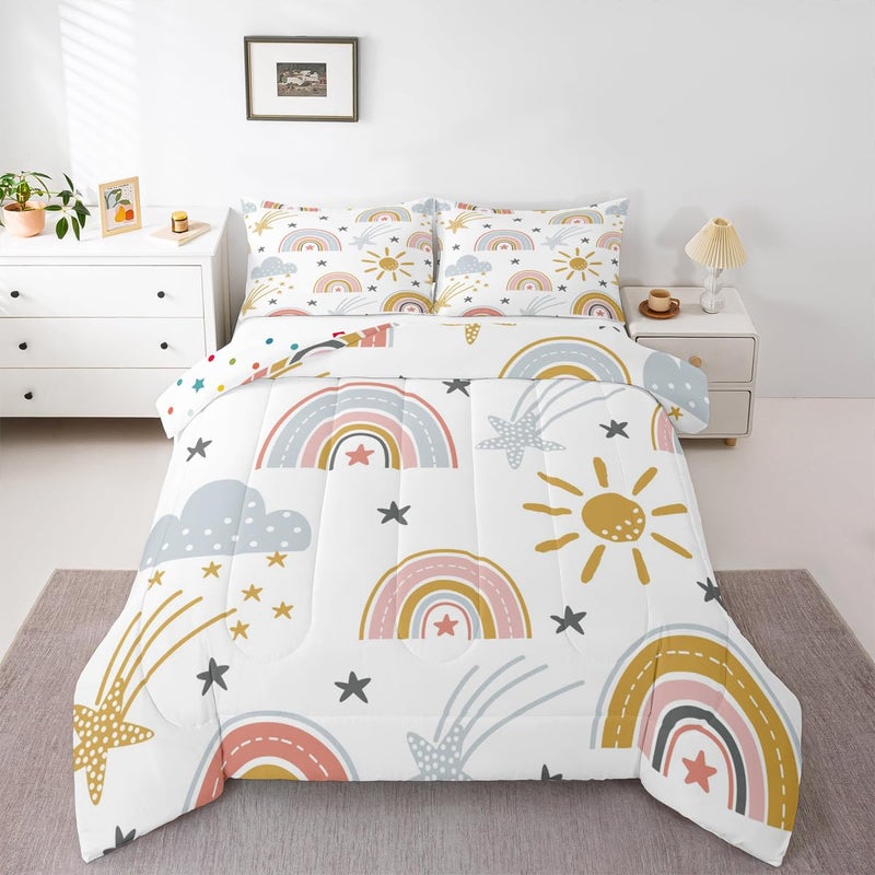 Erosebridal طقم سرير قوس قزح للبنات من إيروسبريدال مع لحاف شمس ونجوم بحجم توين للأطفال الأولاد والبنات مع رسومات سحاب سحاب سحاب ناعم من الألياف الدقيقة قابل للغسل في الغسالة
