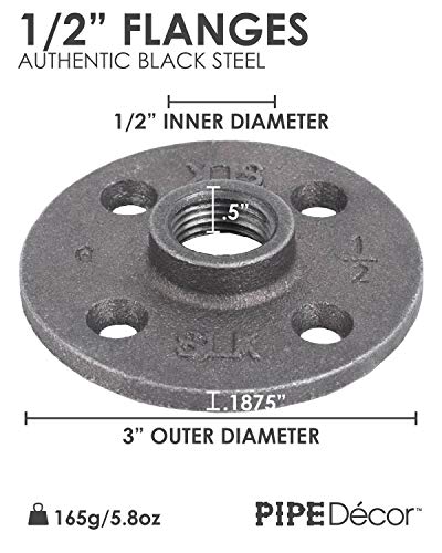 PIPE DECOR 1/2" Flange Fitting, PIPE DECOR Black Malleable Iron Fittings Fit Standard 1/2 Inch Pipes, Nipples and Fittings, Build Vintage DIY Furniture, 10 Pack - Image 2