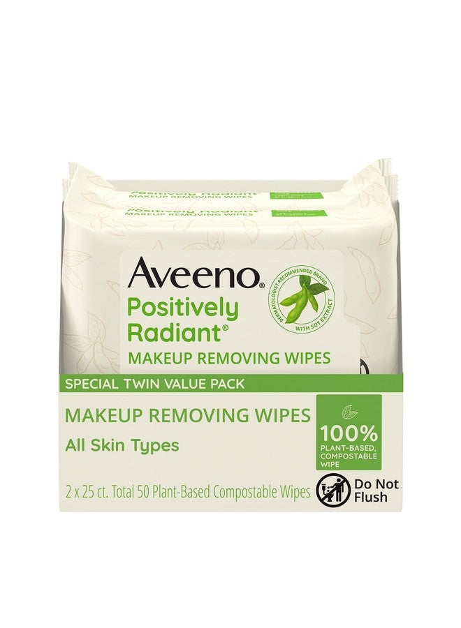 Aveeno Positively Radiant Oil-Free Makeup Removing Face Wipes to Help Even Skin Tone and Texture with Moisture-Rich Soy Extract, Gentle Facial Cleansing Wipes, Twin Pack, 2 x 25 ct. - Image 1