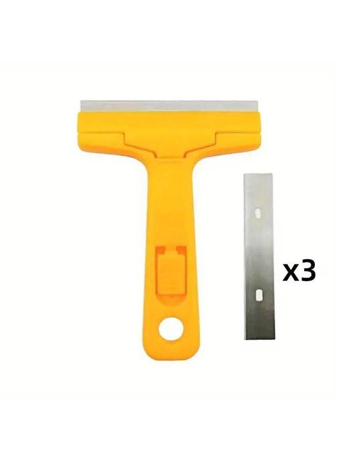 Yellow Multi Purpose Cleaning Knife with 3 Extra Replacement Metal Blades - Image 1