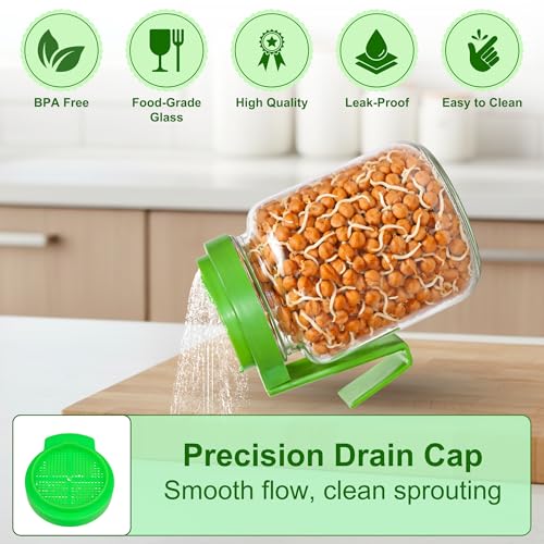 AQBAH Sprouts Maker Glass Jar Multi Use Hygienic Glass 850ml Durable & Reusable for All Seeds and Beans, BPA-Free with 300-Hole Mesh Lid for Airflow, Easy Drainage Design, Set Of 1 (GREEN) - Image 4