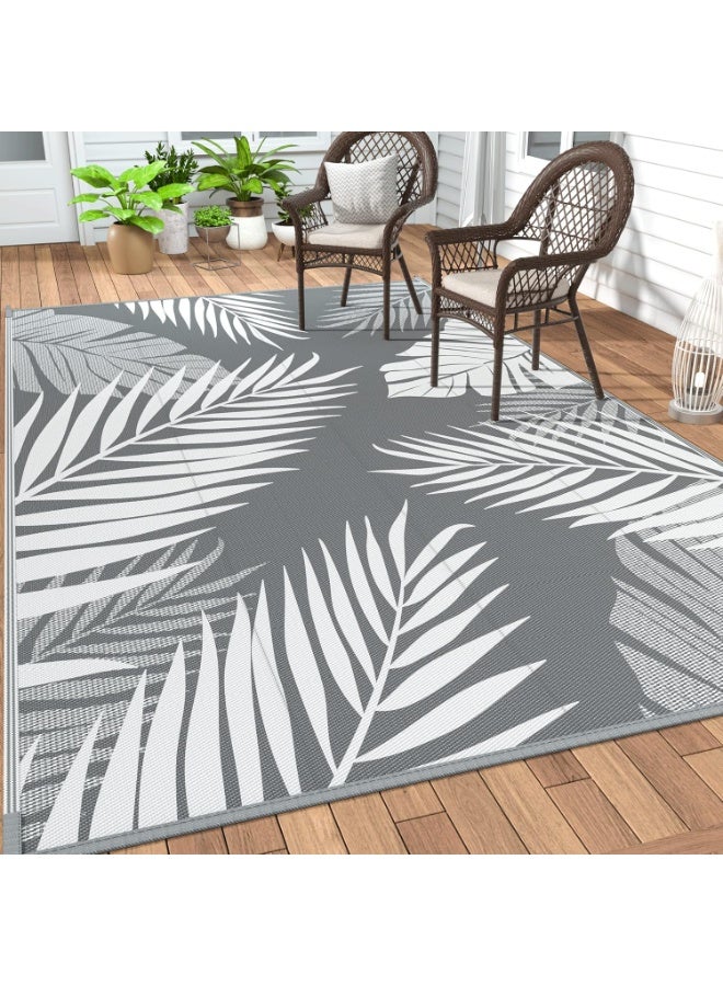 Soofam Outdoor Rug 6' x 9' Waterproof for Patios Clearance, Reversible Plastic Straw Camping Carpet, Large Area Rugs Mats RV, Picnic, Backyard, Deck, Balcony, Porch, Beach, Grey&White - Image 1