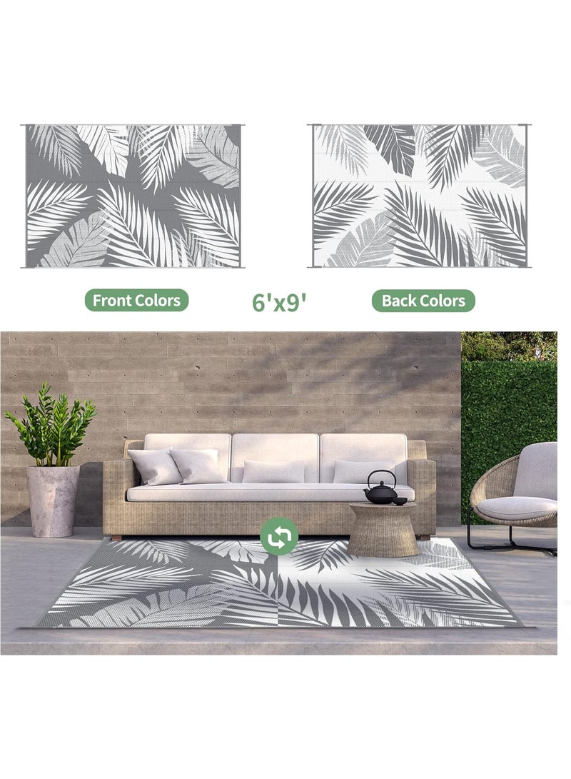 Soofam Outdoor Rug 6' x 9' Waterproof for Patios Clearance, Reversible Plastic Straw Camping Carpet, Large Area Rugs Mats RV, Picnic, Backyard, Deck, Balcony, Porch, Beach, Grey&White - Image 2