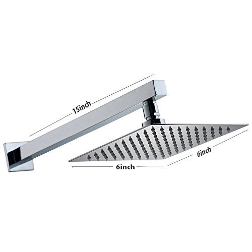 ANMEX 6x6 6inch UltraSlim Stailness Steel Heavy Rain Shower Head with 15inch Arm Silver Chrome Finish