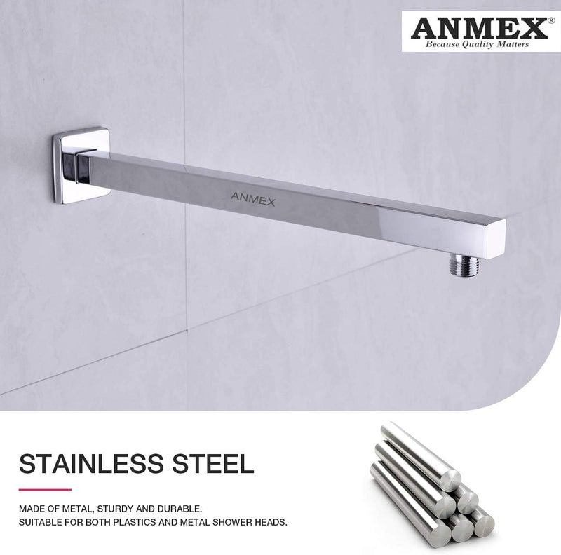 ANMEX 6x6 6inch UltraSlim Stailness Steel Heavy Rain Shower Head with 15inch Arm Silver Chrome Finish