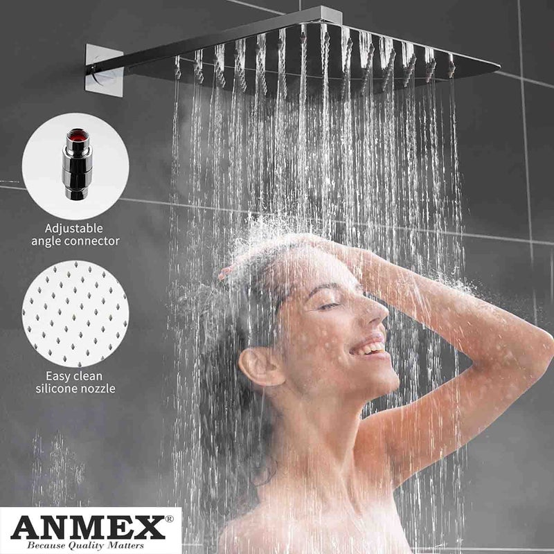 ANMEX 6x6 6inch UltraSlim Stailness Steel Heavy Rain Shower Head with 15inch Arm Silver Chrome Finish