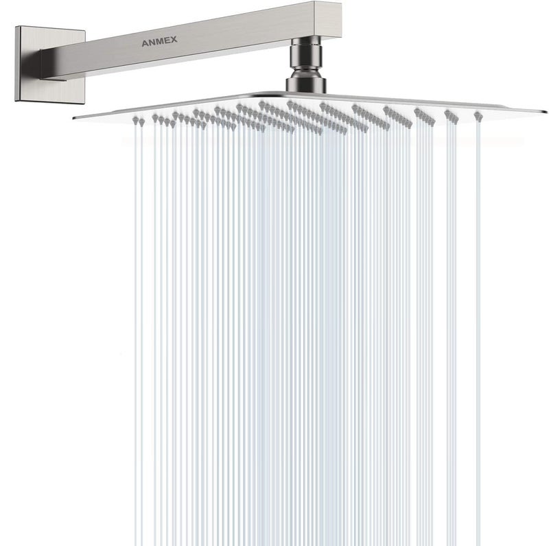 ANMEX 6x6 6inch UltraSlim Stailness Steel Heavy Rain Shower Head with 15inch Arm Silver Chrome Finish
