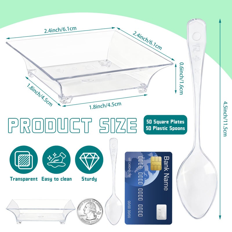 GothaBach 50 Pcs Mini Dessert Plates with Tasting Spoons, 2.4 Inch Clear Disposable Appetizer Plates, Small Plastic Tray, Mini Plastic Dish for Sauce, Dessert, Fruit, Appetizer, Party, Wedding - Image 2