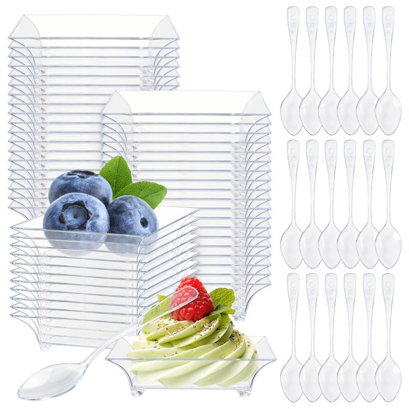 GothaBach 50 Pcs Mini Dessert Plates with Tasting Spoons, 2.4 Inch Clear Disposable Appetizer Plates, Small Plastic Tray, Mini Plastic Dish for Sauce, Dessert, Fruit, Appetizer, Party, Wedding - Image 1