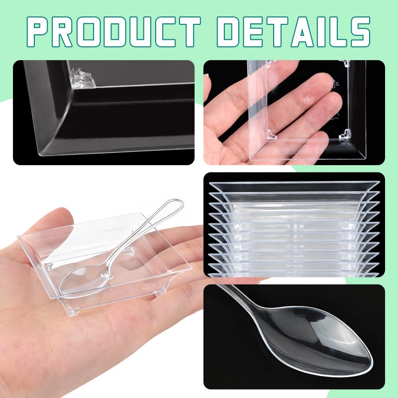 GothaBach 50 Pcs Mini Dessert Plates with Tasting Spoons, 2.4 Inch Clear Disposable Appetizer Plates, Small Plastic Tray, Mini Plastic Dish for Sauce, Dessert, Fruit, Appetizer, Party, Wedding - Image 3