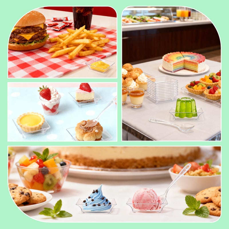 GothaBach 50 Pcs Mini Dessert Plates with Tasting Spoons, 2.4 Inch Clear Disposable Appetizer Plates, Small Plastic Tray, Mini Plastic Dish for Sauce, Dessert, Fruit, Appetizer, Party, Wedding - Image 4