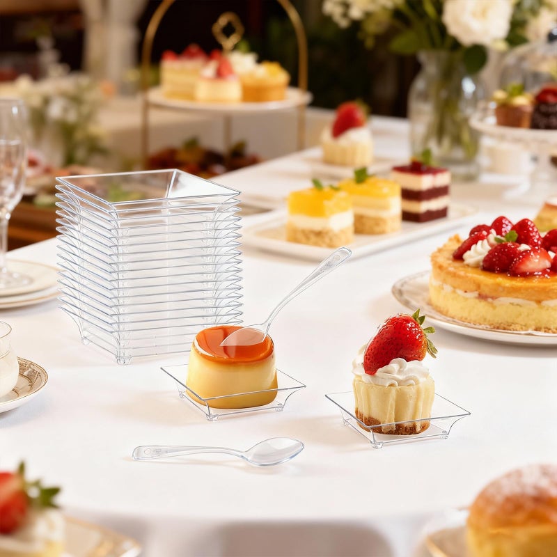 GothaBach 50 Pcs Mini Dessert Plates with Tasting Spoons, 2.4 Inch Clear Disposable Appetizer Plates, Small Plastic Tray, Mini Plastic Dish for Sauce, Dessert, Fruit, Appetizer, Party, Wedding - Image 5