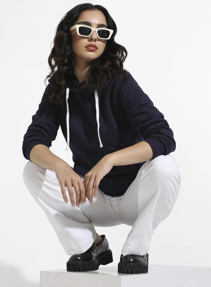 Campus Sutra  Women's Navy Blue Pullover Hoodie With Kangaroo Pockets for Women | Best Price UAE