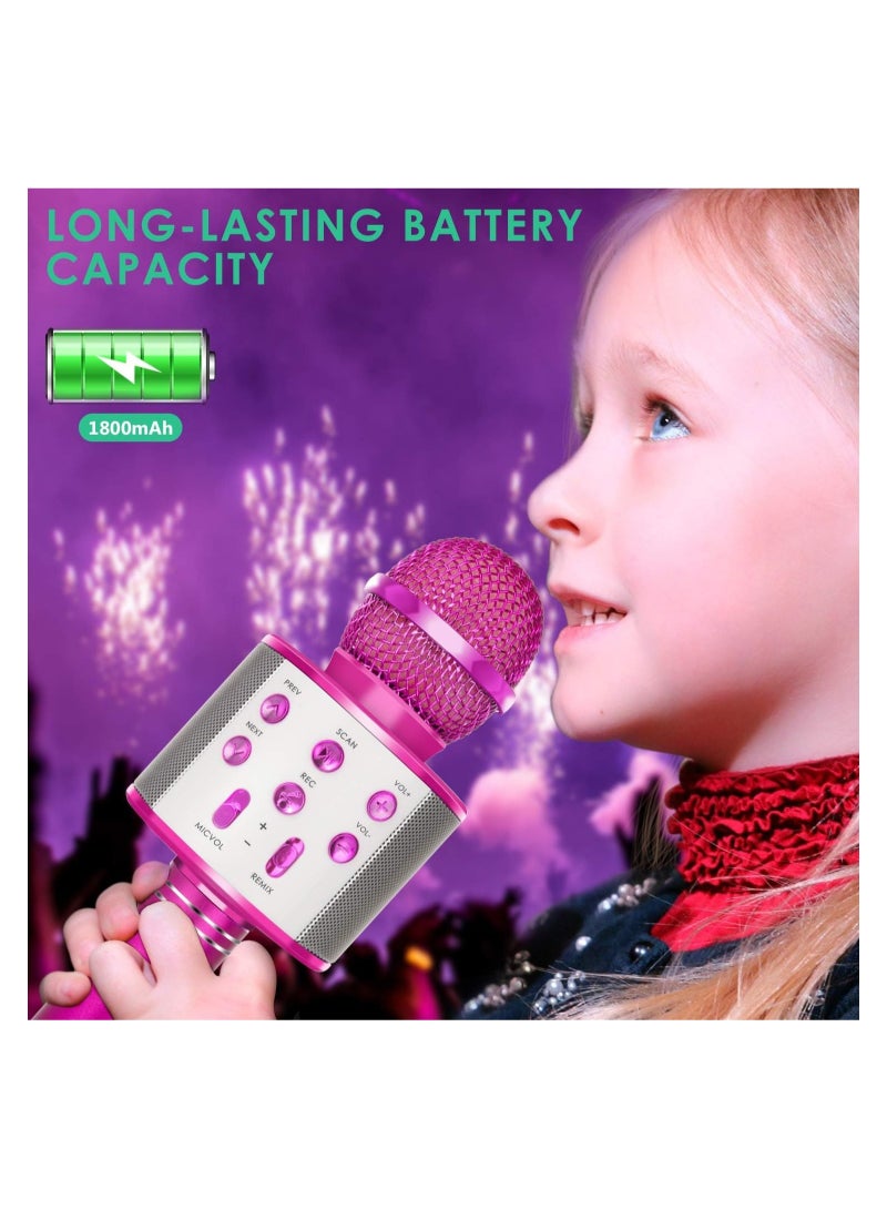 Wireless Bluetooth Karaoke Microphone for Kids, 5-in-1 Portable Handheld Karaoke Mic Speaker Player Recorder with Adjustable Remix FM Radio for Kids Girls Boys Teens Birthday (858-Hot Pink)