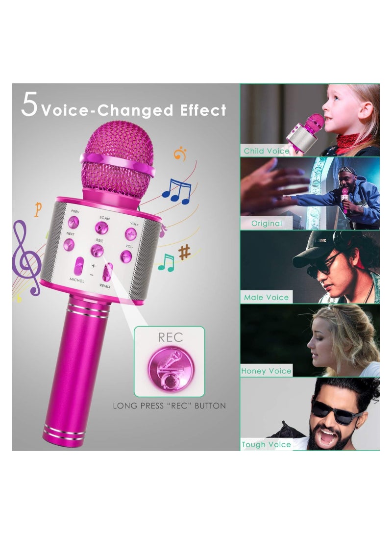 Wireless Bluetooth Karaoke Microphone for Kids, 5-in-1 Portable Handheld Karaoke Mic Speaker Player Recorder with Adjustable Remix FM Radio for Kids Girls Boys Teens Birthday (858-Hot Pink)
