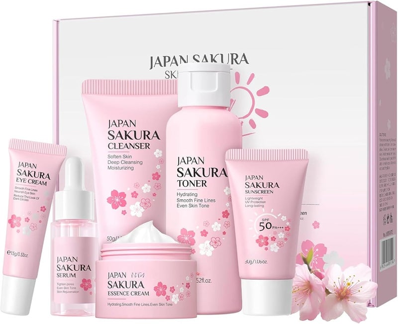 Skin Care Sets KitsSkin Care For Teenage GirlsCherry Blossom Skincare SetsPamper Sets For Women GiftsFacial Kit with CleanserTonerSerumEyeEssence Serumsunscreen