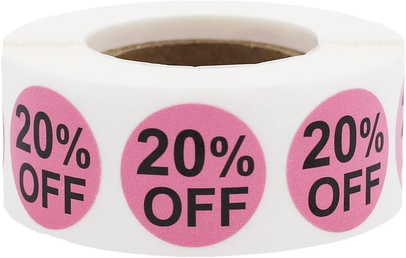 InStockLabels.com InStockLabels 20% Pink Stickers for Retail, 500 Labels per Roll, 3/4" Round – Stickers for Promotions & Inventory Event, Easy Peel Tags, Semi-Gloss Adhesive, Apparel-Safe, Residue-Free - Image 1