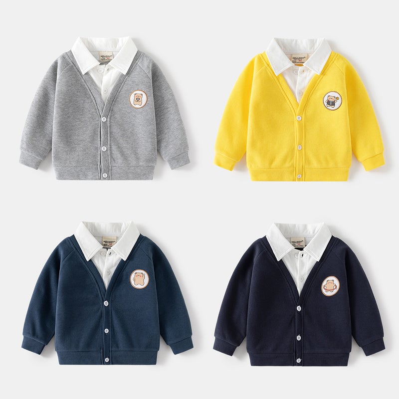 Autumn Kids Korean Two-Piece Jacket Long Sleeve Cardigan Gray  - Image 4