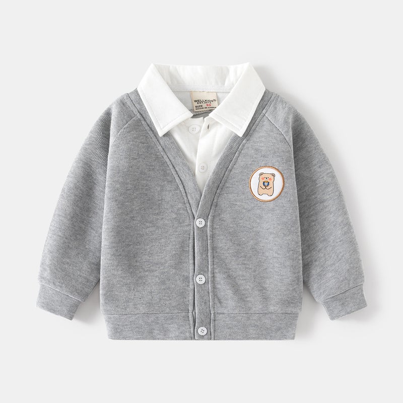Autumn Kids Korean Two-Piece Jacket Long Sleeve Cardigan Gray  - Image 1