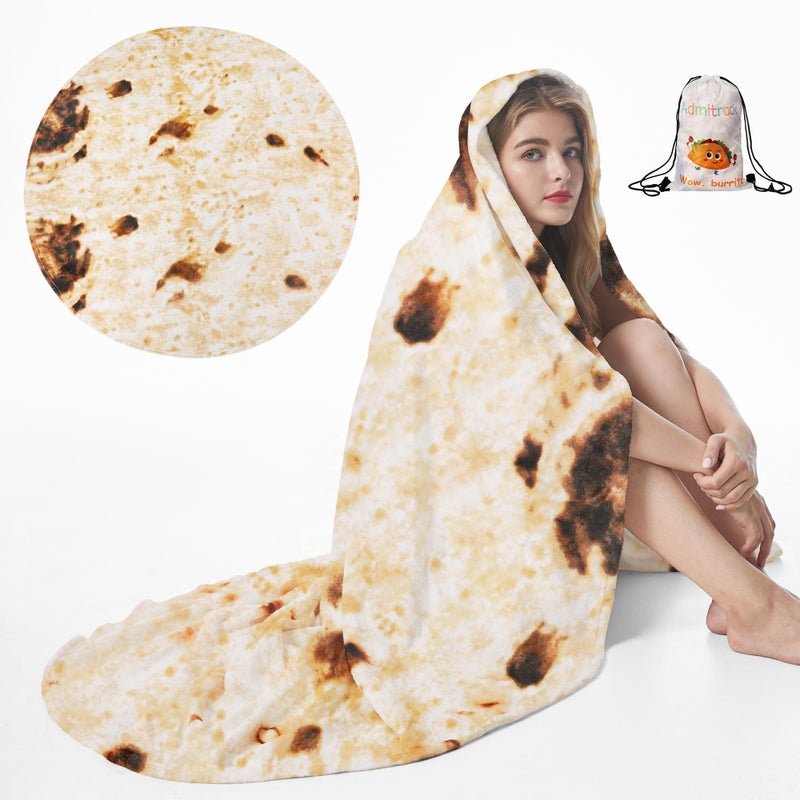 Admitrack Tortilla Wrap Blanket Burritos Round Wrap Blanket Tortilla Throw Blanket Funny Realistic Food Round Blanket Novelty Burritos Throw Blanket for Adults&Kids (Double Sided) - Image 1
