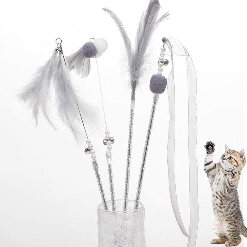 NeoStyle Cat Teaser, Interactive Cat Toys to Promote Bonding, Interactive Cat Toys with Feathers and Bells to Attract Cats' Attention, Interactive Cat Toys for Indoor Cats (grey feathers 4pcs) - Image 1