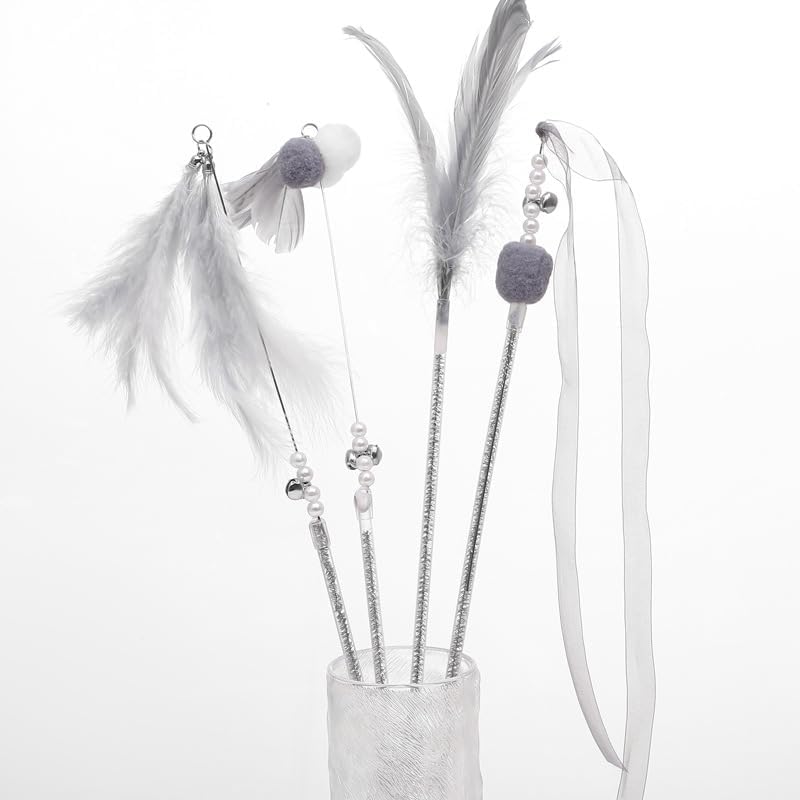 NeoStyle Cat Teaser, Interactive Cat Toys to Promote Bonding, Interactive Cat Toys with Feathers and Bells to Attract Cats' Attention, Interactive Cat Toys for Indoor Cats (grey feathers 4pcs) - Image 4