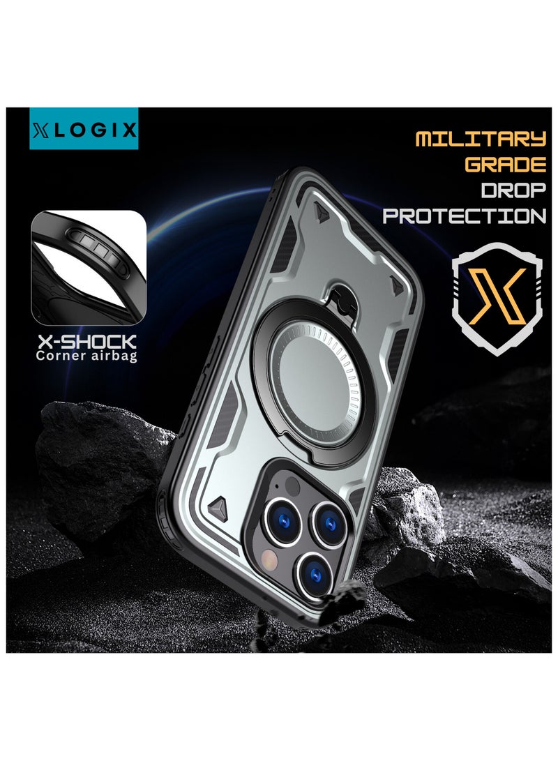 XLogiX for iPhone 16 Armoured Case with Built-in Kickstand, Heavy-Duty Protection, Shockproof, Slim Design, Compatible with MagSafe Accessories, ArmourX Series iPhone Pro Max - GREY - Image 2