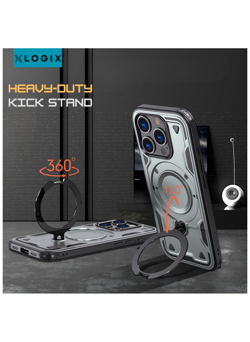 XLogiX for iPhone 16 Armoured Case with Built-in Kickstand, Heavy-Duty Protection, Shockproof, Slim Design, Compatible with MagSafe Accessories, ArmourX Series iPhone Pro Max - GREY - Image 4