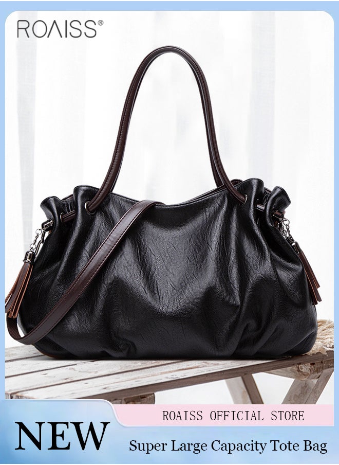 roaiss - Women's Super Large Capacity Pu Pitot Bag Adjustable And Detachable Shoulder Bag Side Pleated Tassel Handbag - Image 1
