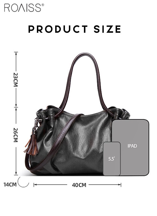 roaiss - Women's Super Large Capacity Pu Pitot Bag Adjustable And Detachable Shoulder Bag Side Pleated Tassel Handbag - Image 1