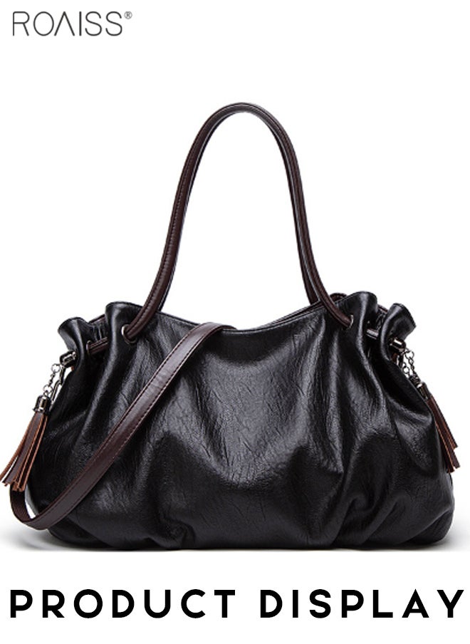 roaiss - Women's Super Large Capacity Pu Pitot Bag Adjustable And Detachable Shoulder Bag Side Pleated Tassel Handbag - Image 1