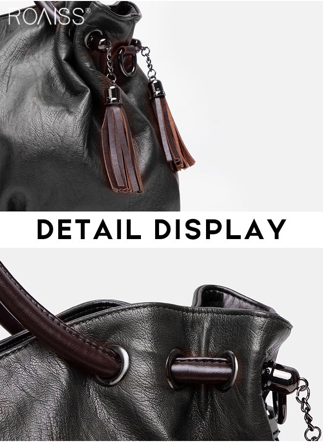 roaiss - Women's Super Large Capacity Pu Pitot Bag Adjustable And Detachable Shoulder Bag Side Pleated Tassel Handbag - Image 1