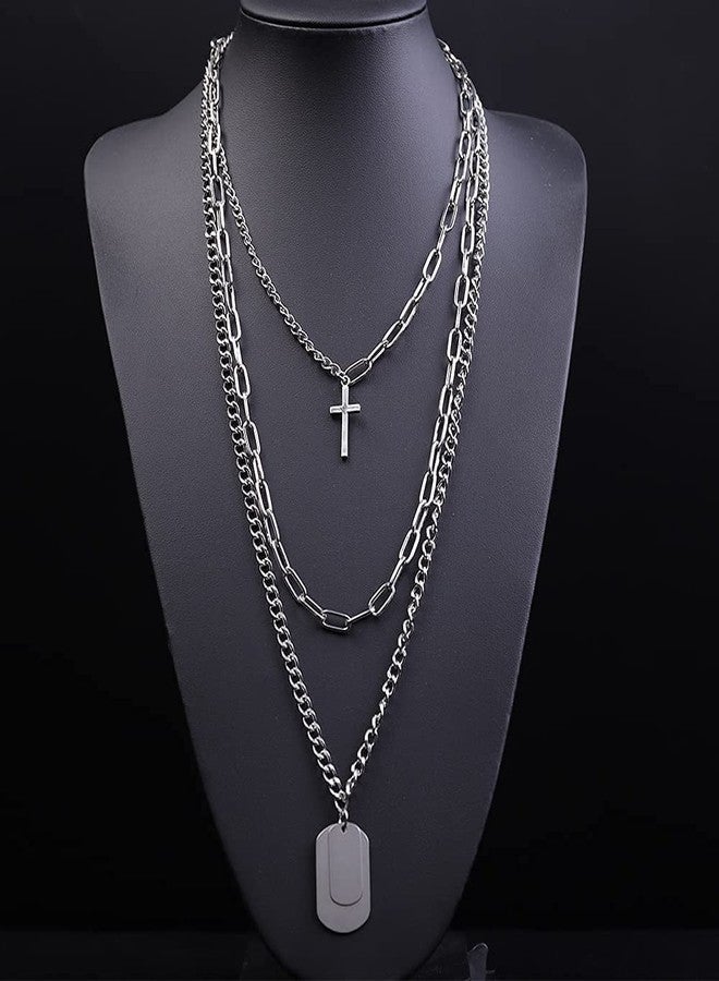 YERTTER Dainty Unique Punk Layering Silver Chain Choker Necklace Boho Jewelry Set Layered Cross Pendant Statement Chunky Chain Necklace for Women Man - Image 4