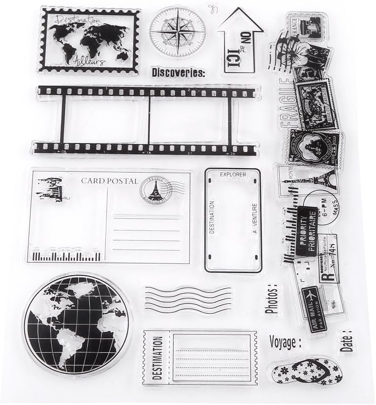 klarako Clear Silicone Stamps Earth Map Travel Theme Patterns Rubber Seal Postage Stamp for Bullet Journals Card Making Decoration, Scrapbooking, Scrapping and Journals - Image 1