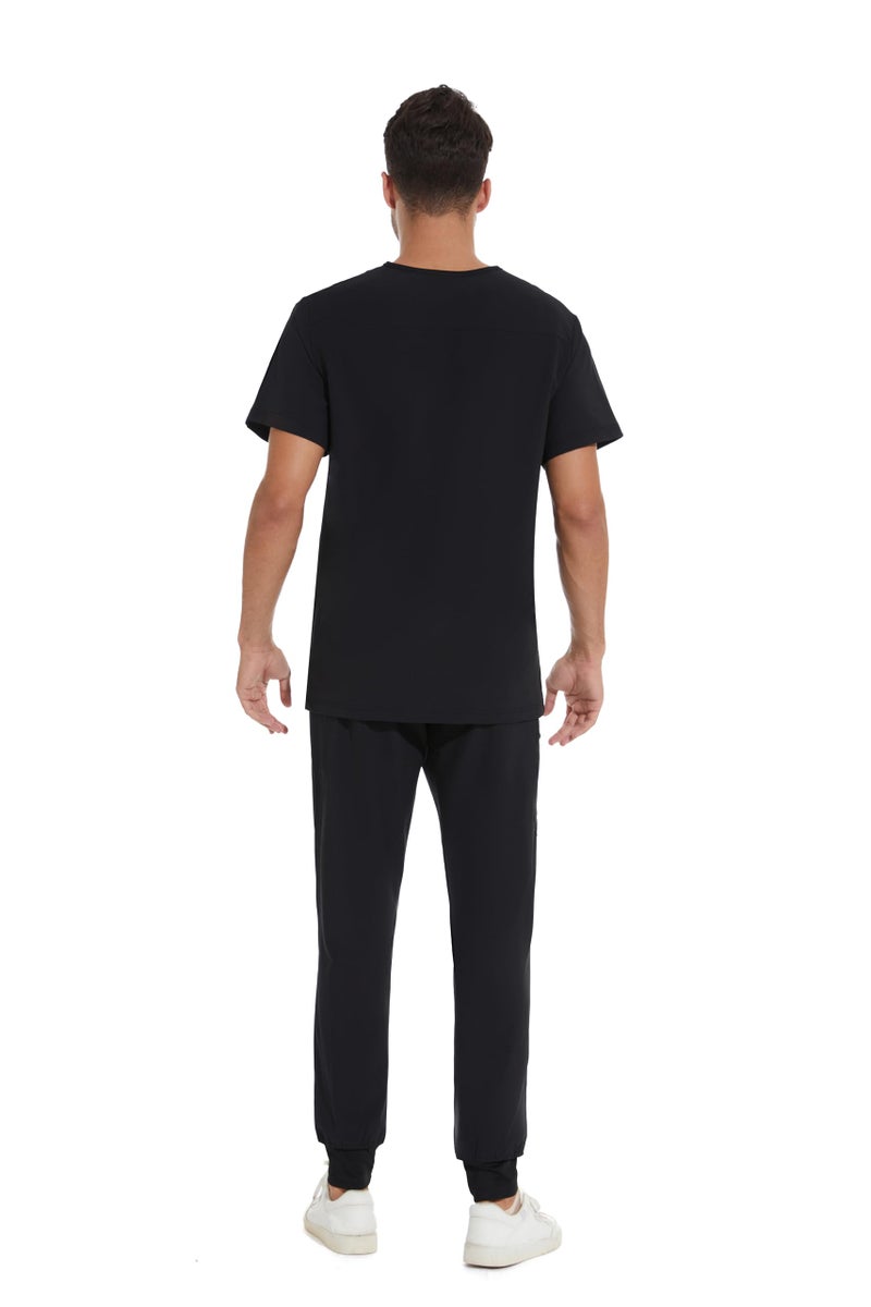 COZYFIT Men Scrubs Set — Stretch V-Neck Scrub Top & Jogger Pant with 8 Pockets, Yoga Waistband, Anti-Wrinkle - Black, XL - Image 3