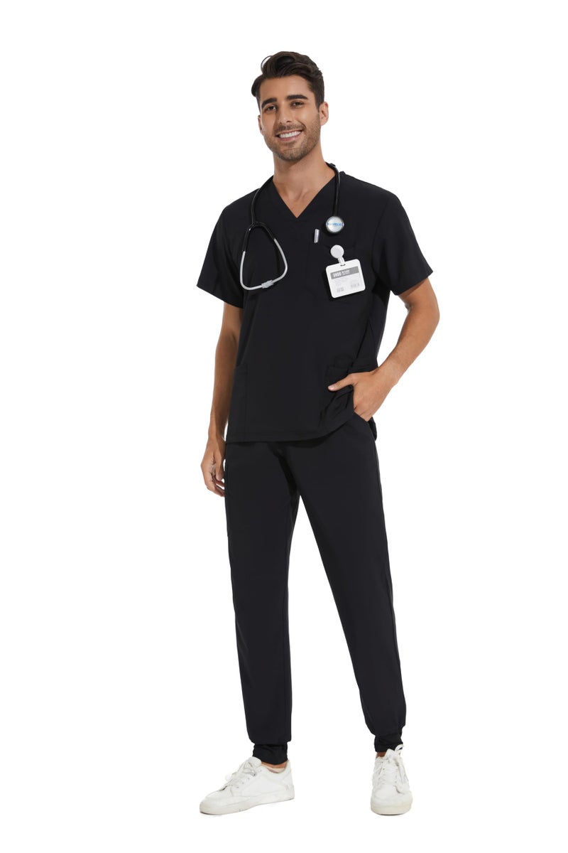 COZYFIT Men Scrubs Set — Stretch V-Neck Scrub Top & Jogger Pant with 8 Pockets, Yoga Waistband, Anti-Wrinkle - Black, XL - Image 2